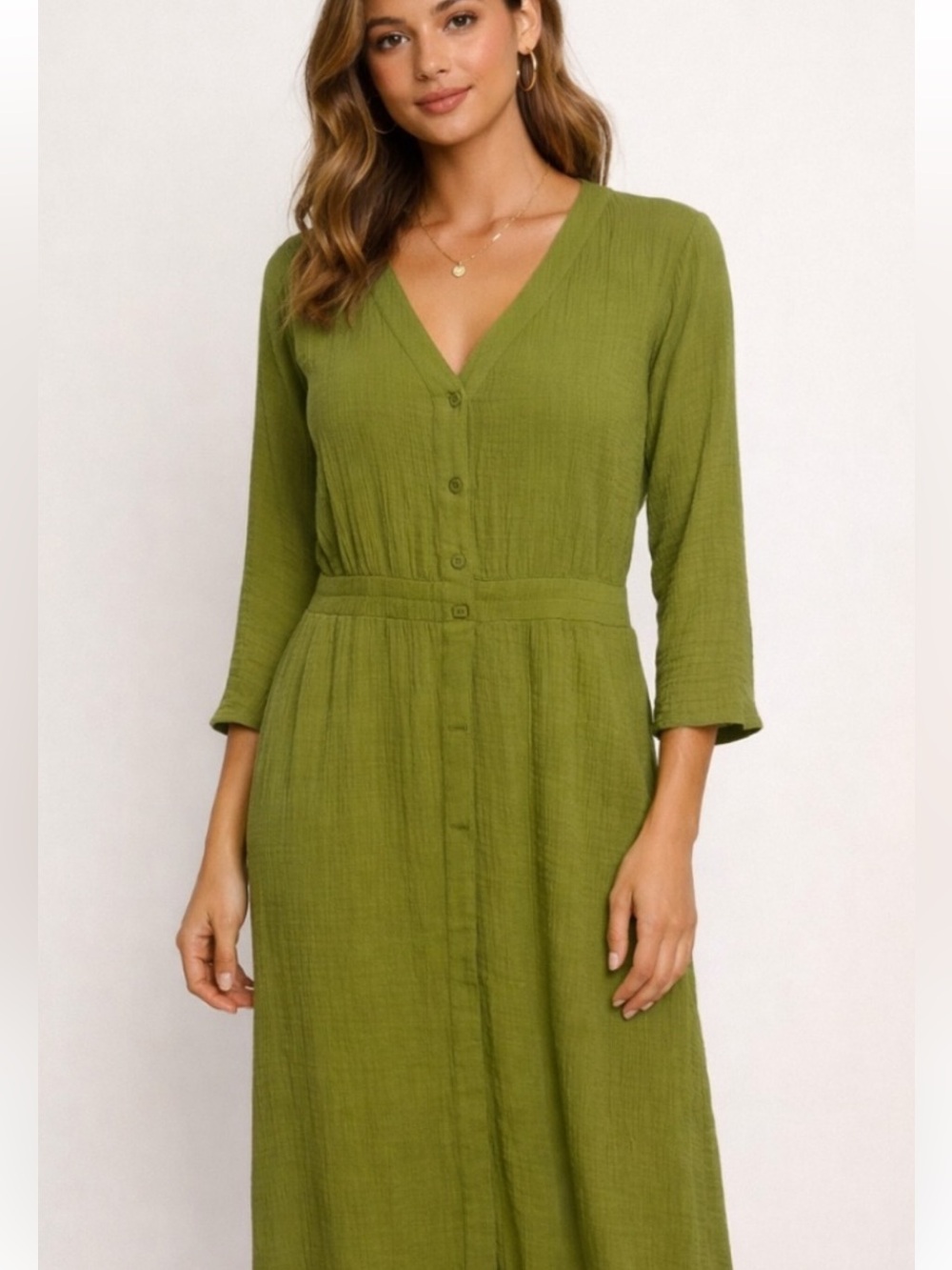 Soft Surroundings Dream Gauze Olive Green Button-Front Textured Midi Dress Large